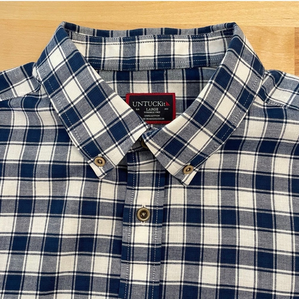 UNTUCKit Men's Large Long Sleeve Plaid Button Down Shirt Blue EUC Cotton Brunnen